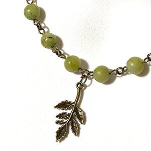 Natural Fern Green Serpentine Necklace, Bronze Leaf Branch + Genuine Gemstone